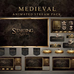 Pacote de transmissão animada medieval - sobreposições de Twitch de fantasia sombria, design gótico com elementos de coroa e vela | Tema de transmissão preto e dourado