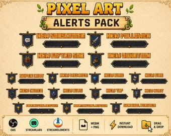 Pacchetto di avvisi di streaming in pixel art, overlay per Twitch, OBS e Streamlabs, notifiche animate