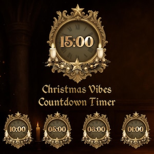 Pode incluir: Um temporizador de contagem regressiva de Natal digital com uma moldura dourada ornamentada, detalhes de estrelas e velas. O temporizador exibe "15:00" em algarismos dourados. O texto "Christmas Vibes Countdown Timer" também é exibido.