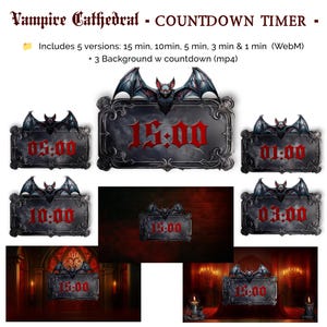 May include: A digital countdown timer with a gothic vampire theme. The timer displays various time intervals, including 15:00, 10:00, 5:00, 3:00, and 1:00. Each timer features a bat and ornate frame, with a dark, ominous aesthetic.