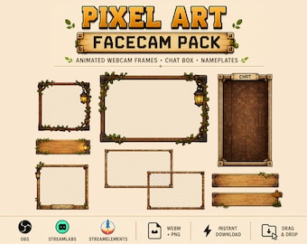 Pixel Art Facecam Pack, Twitch Webcam Overlay, Chat Box, Fantasy RPG Stream Assets