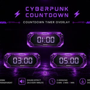 May include: Cyberpunk Countdown timer overlay with a futuristic design. The image features three digital timers displaying 01:00, 03:00, and 05:00, set against a dark, textured background with purple accents. Text includes "WEBM Transparent" and "Instant Download."