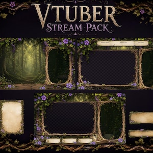 May include: A digital VTUBER STREAM PACK featuring a forest theme with purple flowers and twisted vine borders. The set includes various rectangular frames, overlay panels, and text boxes with a dark, natural aesthetic and parchment-style labels.