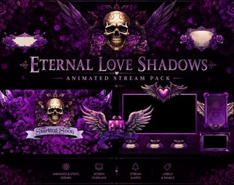 Overlay Twitch Dark Fantasy viola / Pacchetto streaming romantico, ali d'angelo, rose e teschio