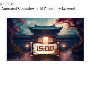 Puede incluir: Un temporizador de cuenta regresiva animado con un fondo de templo japon&eacute;s. El temporizador muestra "15:00" en d&iacute;gitos rojos sobre un pergamino. La imagen incluye el texto "Includes: 1 Animated Countdowns MP4 with background".