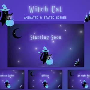 Magical Black Cat Stream Screens, Animated Stream Scenes, Twitch Overlay, Purple Witch Cat