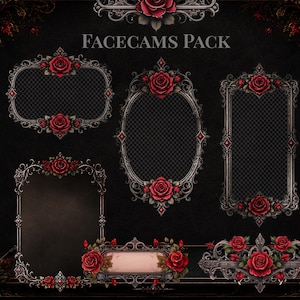 May include: A digital graphic set titled FACECAMS PACK featuring five ornate frames and decorative elements adorned with deep red roses and intricate dark metal scrollwork. The collection includes rectangular, oval, and horizontal border designs.