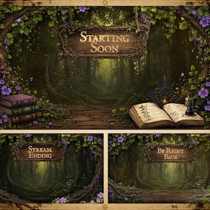 Peut inclure: Un ensemble graphique numérique sur le thème de la forêt avec des fleurs violettes et de la verdure. Le panneau principal affiche le texte Starting Soon au-dessus de livres. Deux panneaux plus petits montrent Stream Ending et Be Right Back.