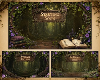 Pacchetto di schermate per lo streaming "Foresta Incantata" / Scene animate per Twitch e OBS / Inizio a breve, Torno subito, Offline, Solo chiacchiere, Grazie per aver guardato