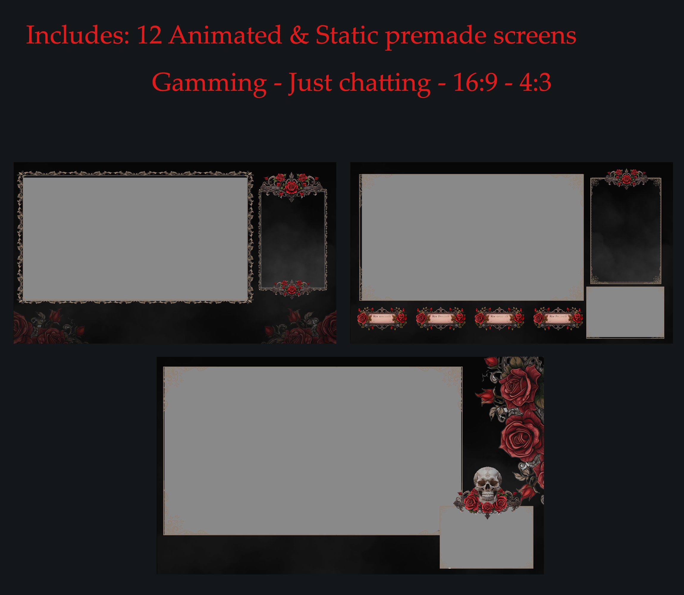 Gothic Roses Stream Pack | Animated Twitch Overlay, OBS Scenes, Skull ...