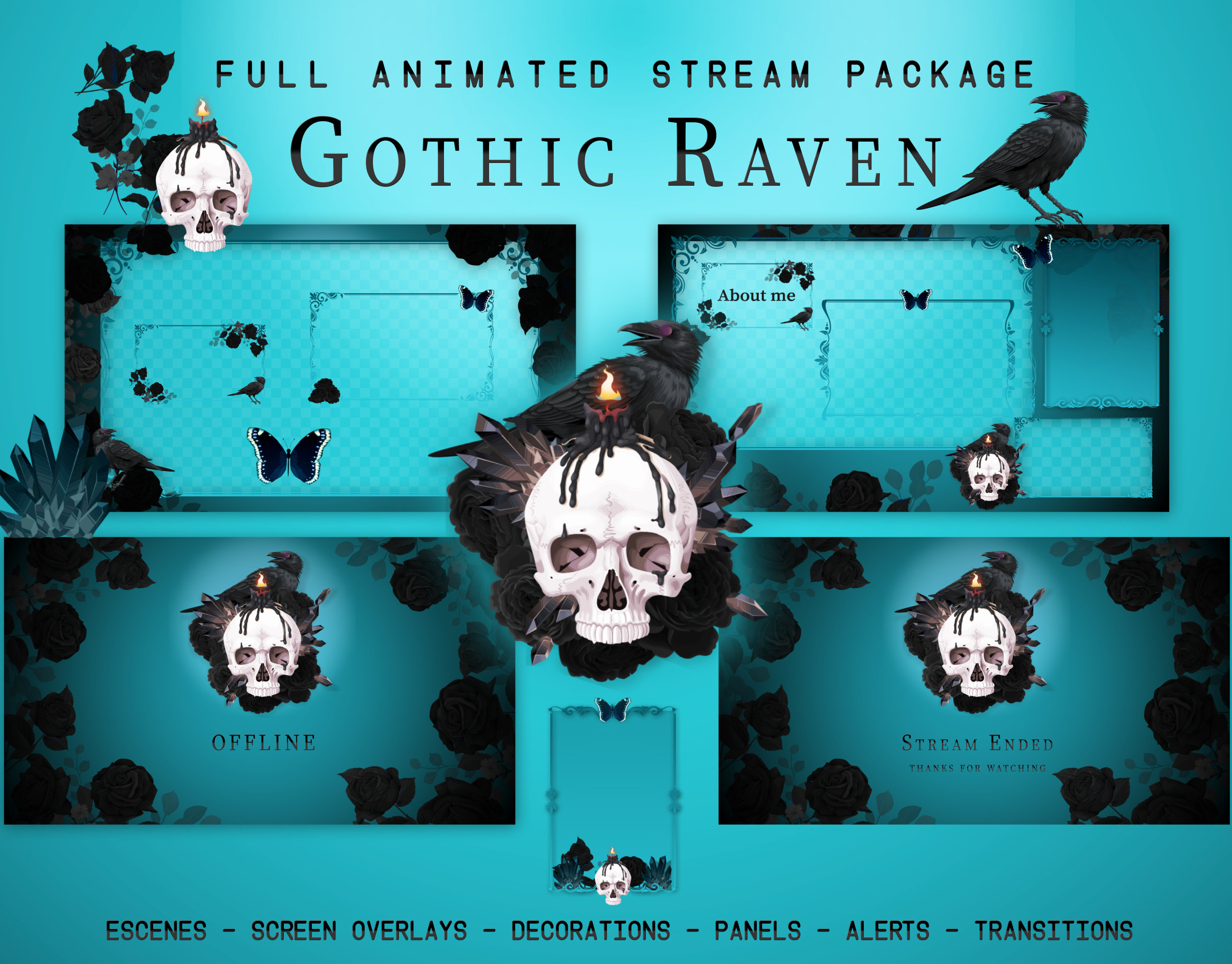 Blue Gothic Animated Stream Package - Twitch Overlays, Screens, Alerts, and Panels for Streamers