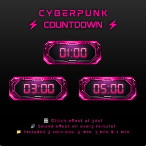 Pink Countdown Timer | Cyberpunk Stream Timer | 5 min, 3 min, 1 min | Twitch, Kick, YouTube | Animated Overlay