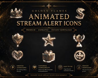 Icone di avviso fiamme dorate / Avvisi di streaming animati, icone WebM per OBS e Twitch