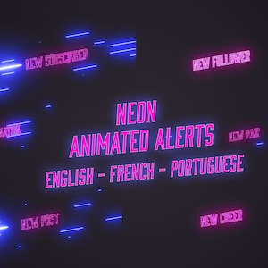 Neon Animated Stream Alerts | x6 Animated Alerts with sound | Vtuber Twitch Stream Alerts Neon Purple Pink Blue
