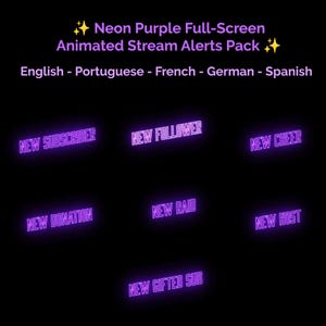Neon Purple Animated Stream Alerts Pack | Twitch Alerts Multilingual | Perfect for Twitch, YouTube, Facebook Gaming, and more