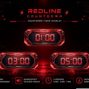 Pode incluir: Uma sobreposição de temporizador de contagem regressiva digital com um design futurista. A imagem apresenta três temporizadores exibindo 01:00, 03:00 e 05:00 em vermelho sobre um fundo preto. O texto "REDLINE COUNTDOWN" está no topo.