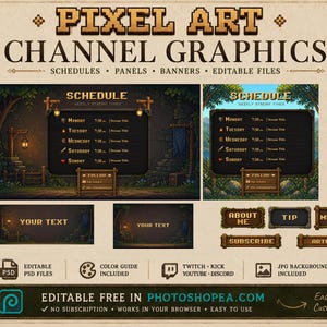 ピクセルアート配信スケジュールテンプレート、Twitchパネル、Kick & YouTubeバナー、チャンネルグラフィック
