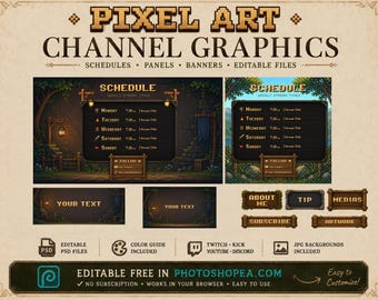 Modello di programmazione streaming in pixel art, pannelli Twitch, banner per kick e YouTube, grafica per il canale