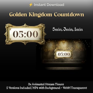 Puede incluir: Un temporizador de cuenta atrás dorado con un marco decorativo y un fondo negro. El temporizador muestra 05:00 y el texto "5min, 3min, 1min" es visible. El texto "Golden Kingdom Countdown" está en la parte superior de la imagen.