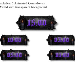 May include: Animated countdown timers with a gothic theme. Each timer features a black frame with purple numbers, lit candles, and the time displayed. The text at the top says "Includes: 5 Animated Countdowns WebM with transparent background."
