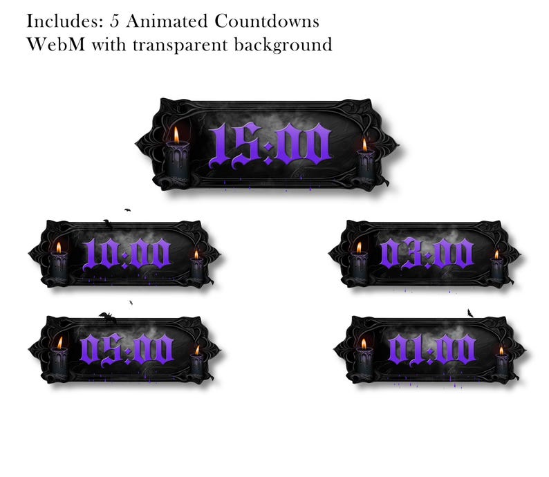 May include: Animated countdown timers with a gothic theme. Each timer features a black frame with purple numbers, lit candles, and the time displayed. The text at the top says "Includes: 5 Animated Countdowns WebM with transparent background."