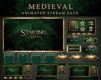Medieval Animated Stream Package - Dark Fantasy Twitch Overlays, Gothic Design with Crown and Candle Elements | Green and Gold Stream theme