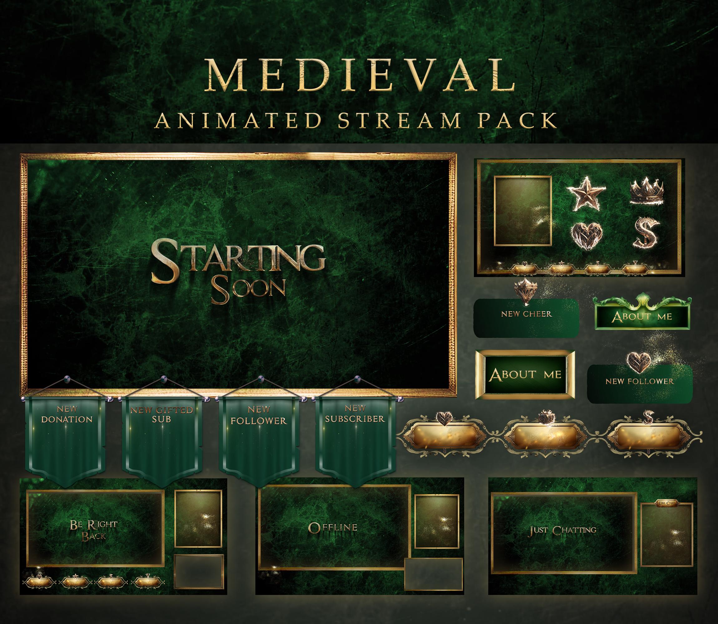Medieval Animated Stream Package: Gothic Green & Gold Twitch Overlays ...
