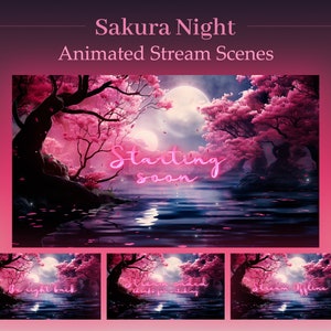 Sakura Night Moon| Animated Stream Scenes Package, Twitch Pack, Overlays Screens for Streamers | Pink Sakura Moonlight Starry Night