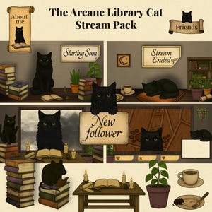 Puede incluir: Ilustración digital para un paquete de stream con temática de gatos negros y bibliotecas. El diseño incorpora libros, velas y letreros con texto como "Starting Soon" y "New follower". La paleta de colores es cálida, con una estética vintage.