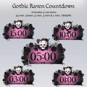 May include: A digital graphic with a gothic theme, featuring five pink rectangular countdown timers. Each timer displays a different time: 15:00, 10:00, 05:00, 03:00, and 01:00. The timers are adorned with black roses, ravens, and skull imagery.