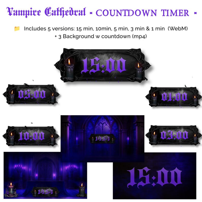 May include: A digital countdown timer with a gothic theme. The timer displays various durations in a purple font, including 15:00, 10:00, 5:00, 3:00, and 1:00. The design incorporates candles and a cathedral-like aesthetic.