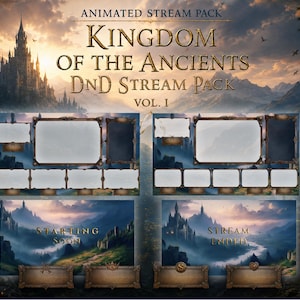 Może przedstawiać: Animowany pakiet stream "Kingdom of the Ancients" z fantastycznym krajobrazem w tle. Pakiet zawiera nakładki do streamowania, z zamkiem, górami oraz tekstem "Starting Soon" i "Stream Ended."