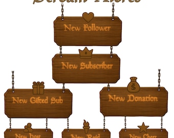 May include: Brown wooden signs with the text "Stream Alerts" and various alert types like "New Follower" and "New Subscriber". Each sign is suspended by chains and features icons.