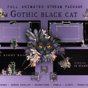 ストリームパック キャット、ゴシック ストリーム パッケージ、ブラック キャット Twitch パック、Vtuber、ストリーマー用オーバーレイ スクリーン、アラート、パネル、ストリーム オーバーレイ