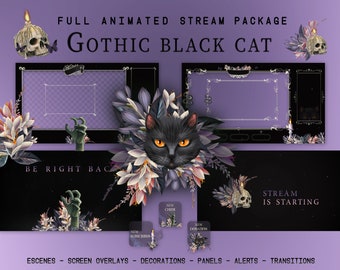 Stream Pack Cat, Gothic Stream Package, Black Cat Twitch Pack, Vtuber, Overlays Screens for Streamers, Alerts, Panels,  Stream Overlays