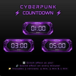 Cyberpunk Stream Countdown Timer: Purple Glitch Animated Overlay (WebM)