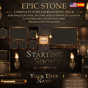 May include: A complete stream branding pack with a dark brown and gold color scheme. The design includes customizable layouts, a timer, and a schedule. The text reads "EPIC STONE", "STARTING SOON", and "YOUR USER NAME".