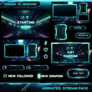 May include: Animated stream pack with a futuristic theme. The pack includes a starting soon screen, a just chatting screen, a new follower alert, a new donation alert, and other elements. The design features a neon blue and black colour scheme.
