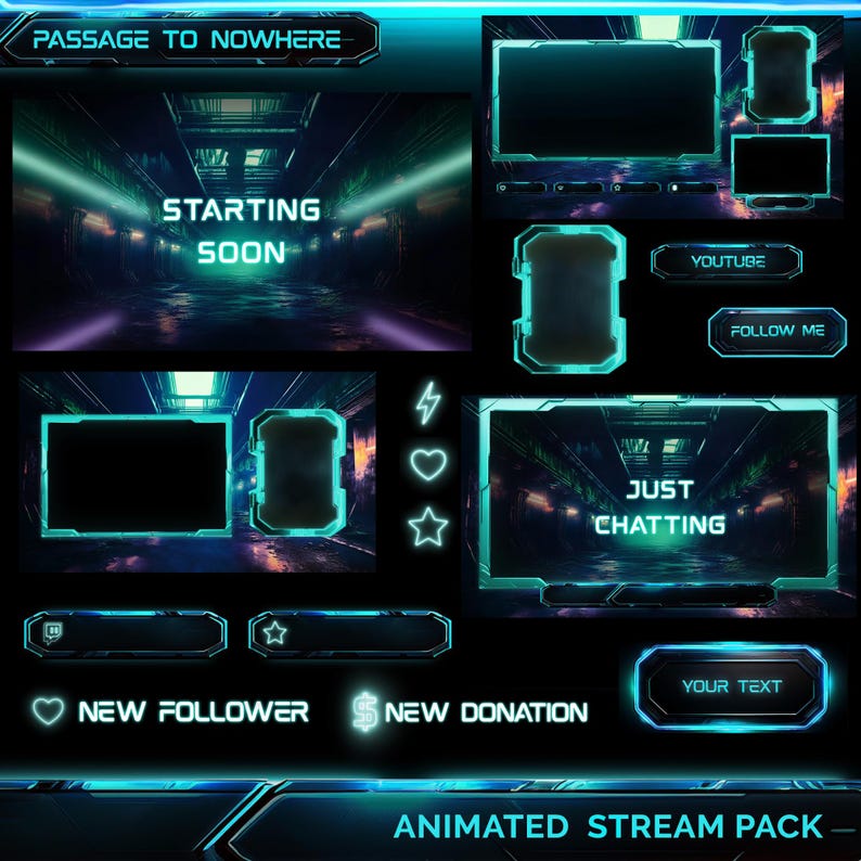 May include: Animated stream pack with a futuristic theme. The pack includes a starting soon screen, a just chatting screen, a new follower alert, a new donation alert, and other elements. The design features a neon blue and black colour scheme.