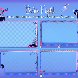 May include: A set of four animated Twitch screen overlays with a boho theme. The overlays feature a blue background with purple and pink accents, flowers, candles, and black cats. The text "Boho Night" is at the top of the image. The text "Premade Animated Screens Overlays & Panels" is below the title.