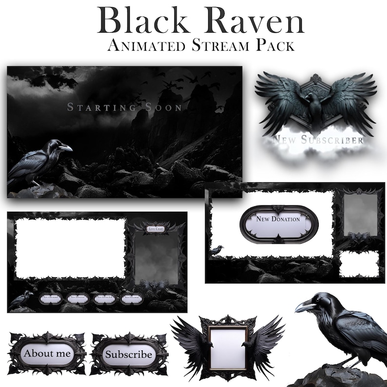 Black Raven Animated Stream Pack | Gothic Crow Overlays, Scenes, Alerts (Twitch, OBS) image 10