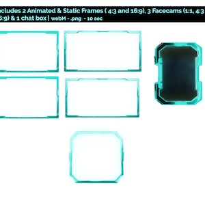 May include: Five turquoise frames with glowing edges. Two are rectangular, two are square, and one is a rounded rectangle. The frames are isolated on a white background.