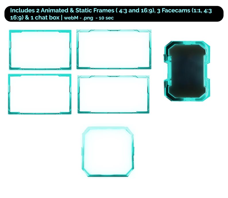 May include: Five turquoise frames with glowing edges. Two are rectangular, two are square, and one is a rounded rectangle. The frames are isolated on a white background.