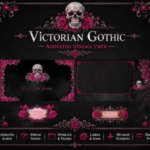 Pink Gothic Roses Stream Pack | Twitch Overlay, Dark Fantasy OBS Assets