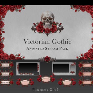 Victorian Gothic Stream Pack | Red Roses & Skull Animated Overlays for Twitch | White and Red Theme