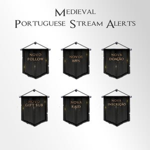 Könnte beinhalten: Mittelalterliche portugiesische Stream-Benachrichtigungen. Sechs schwarze Banner mit goldenem Text und Akzenten werden angezeigt. Die Banner lauten "Novo Follow", "Novos Bits", "Nova Doação", "Novo Gift Sub", "Nova Raid" und "Nova Inscrição."