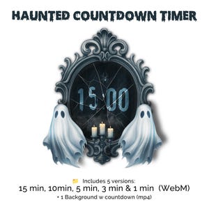 Op de afbeelding: Een digitale Halloween countdown timer met een spookachtig ontwerp. De timer toont "15:00" op een gebarsten spiegel, geflankeerd door twee cartoon geesten. De timer bevat 5 versies.