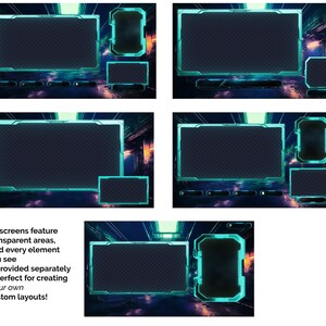 May include: Four different neon green and blue digital screen layouts with transparent areas. Each layout features a large rectangular screen with a smaller rectangular screen below it. The screens are set against a dark background with neon lights.