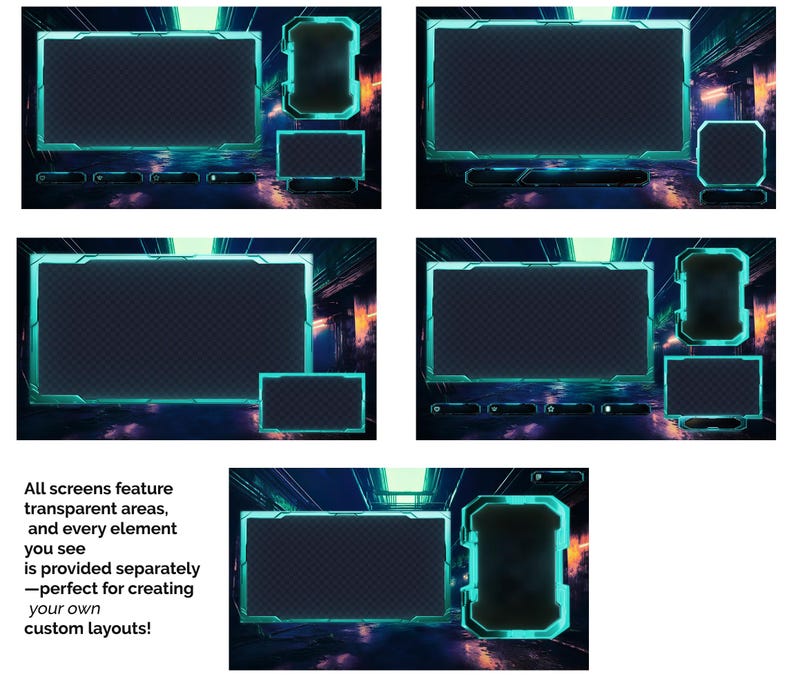 May include: Four different neon green and blue digital screen layouts with transparent areas. Each layout features a large rectangular screen with a smaller rectangular screen below it. The screens are set against a dark background with neon lights.