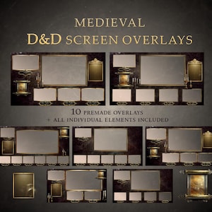 Peut inclure: 10 superpositions d'écran D&D médiévales pré-fabriquées avec des accents dorés et un fond brun foncé. Tous les éléments individuels sont inclus.